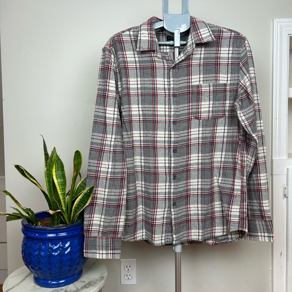J.CREW Plaid Flannel Button Down Shirt NWT Gray Cream Red